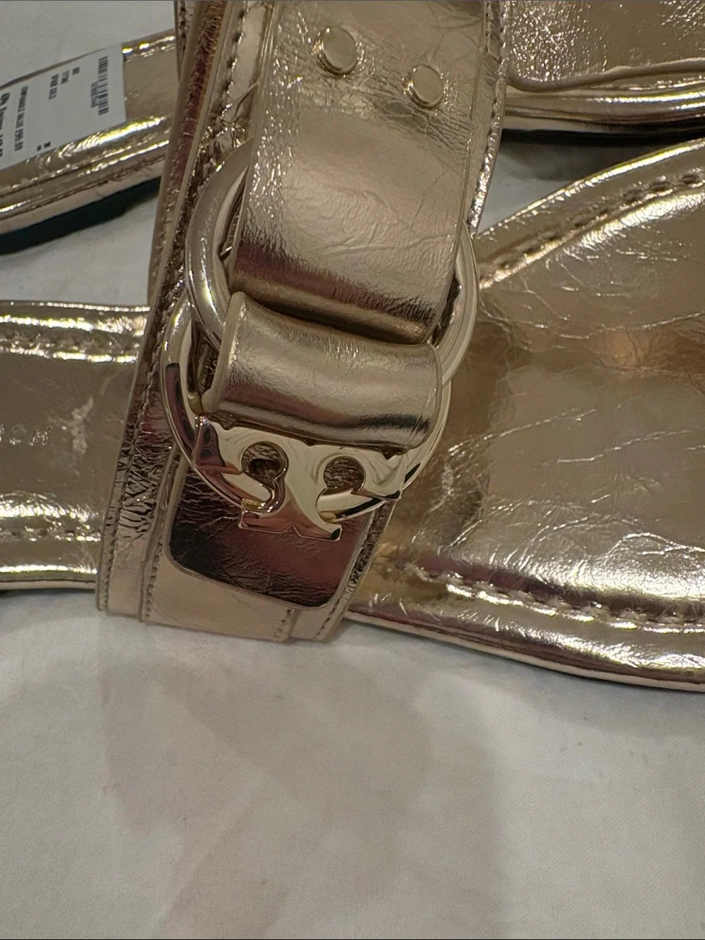 Tory Burch Metallic Gold Thong Sandals with Logo Buckle - Picture 2 of 5